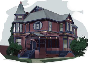 Rule 34 | awning, building, column, commentary request, day, highres, ma someru, no humans, original, outdoors, painterly, pillar, porch, russian commentary, scenery, spire, stairs, tree, window