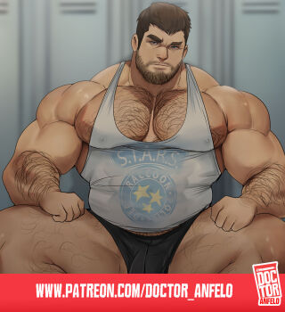 1boy bara bare_pectorals beard_stubble black_shorts blue_eyes blurry blurry_background broad_shoulders brown_hair bulge chest_hair chris_redfield covered_erect_nipples doctor_anfelo facial_hair hands_on_own_thighs highres large_pectorals leg_hair locker locker_room male_focus mature_male muscular muscular_male pectorals raised_eyebrow resident_evil resident_evil_village short_hair shorts sparse_arm_hair sparse_leg_hair stubble tank_top