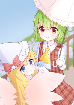 Rule 34 | 2girls, ascot, blue eyes, collared shirt, commentary request, fairy, green hair, highres, kazami yuuka, lily white, long hair, looking at viewer, medium hair, multiple girls, red eyes, shirt, toriki fukuro, touhou, white shirt, yellow ascot