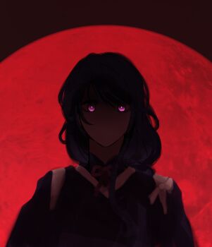 Rule 34 | 1girl, blue pupils, blunt bangs, commentary, english commentary, faceless, faceless female, genshin impact, glowing, glowing eyes, highres, japanese clothes, long hair, moon, multicolored eyes, nchiu, no mouth, purple eyes, raiden shogun, red background, red moon, shaded face, solo, upper body, wide-eyed