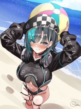 Rule 34 | 1girl, absurdres, arms up, ball, beach, beachball, blush, breasts, commentary request, footprints, garter belt, headphones, headphones around neck, highres, holding, holding ball, hololive, hololive dev is, inokeiwd, multicolored hair, o-ring, o-ring garter belt, o-ring thigh strap, ocean, race queen two-piece, rindo chihaya, sand, smile, spiked hat, spiked sleeves, streaked hair, thick thighs, thigh strap, thighs, virtual youtuber