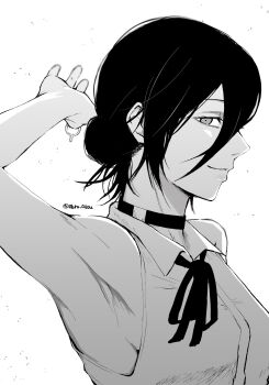 1girl arm_up armpit_focus armpits breasts chainsaw_man choker collared_shirt commentary_request grenade_pin greyscale hair_bun highres looking_at_viewer madaosw medium_breasts medium_hair monochrome neck_ribbon parted_lips presenting_armpit reze_(chainsaw_man) ribbon shirt sleeveless sleeveless_shirt solo twitter_username