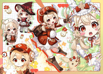 1girl :d black_gloves blonde_hair blush_stickers boots bow brown_bag brown_boots brown_gloves commentary_request dodoco_(genshin_impact) etmachigaeatx genshin_impact gloves green_kimono hair_between_eyes hat heart highres japanese_clothes jumpy_dumpty kimono klee_(blossoming_starlight)_(genshin_impact) klee_(genshin_impact) knee_boots long_hair looking_at_viewer low_twintails multiple_views official_alternate_costume open_mouth pointy_ears red_bow red_eyes red_hat smile twintails vision_(genshin_impact) white_hat witch_hat