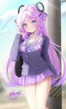 1girl absurdres alternate_costume blue_eyes blush braid cardigan citlali_(genshin_impact) closed_mouth collarbone commentary_request day fingernails floating_headgear genshin_impact grey_cardigan hand_in_own_hair hand_up headgear highres hyakuya_iori long_hair looking_at_viewer nail_polish outdoors pink_pupils purple_hair purple_nails purple_skirt signature skirt smile solo twin_braids twitter_username very_long_hair