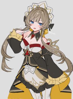 1girl absurdres bare_shoulders black_dress blue_eyes blush breasts brown_hair cleavage commentary_request cowboy_shot detached_sleeves dress genshin_impact grey_background highres holding holding_own_hair kuromu_shado long_hair looking_at_viewer maid_headdress medium_breasts open_mouth pantyhose sandrone_(genshin_impact) simple_background solo twintails twitter_username very_long_hair white_pantyhose