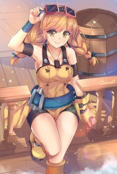 1girl aika_(eternal_arcadia) armband belt bike_shorts braid breasts eternal_arcadia gloves goggles goggles_on_head highres jewelry long_hair looking_at_viewer medium_breasts necklace orange_hair orendi_laran sega sitting smile thighs twin_braids twintails yellow_eyes