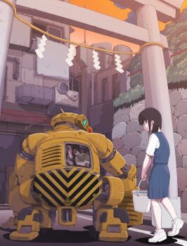 1boy 1girl black_hair blue_skirt bucket building bush exposed_internal_machinery highres holding holding_bucket humanoid_robot industrial_pipe joints kneeling orange_sky original outdoors phallic_symbol robot science_fiction shide shoes skirt sky sukabu torii white_shoes