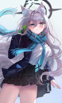 Rule 34 | 1girl, absurdres, ahoge, animal ear fluff, animal ears, bag, black bag, black halo, blue archive, blue eyes, blue jacket, blue scarf, blush, breasts, closed mouth, commentary, cowboy shot, cross hair ornament, earrings, english commentary, gloves, green gloves, grey hair, hair ornament, halo, hand up, highres, jacket, jewelry, long hair, long sleeves, looking at viewer, lunel, medium breasts, mismatched pupils, open clothes, open jacket, plaid clothes, plaid skirt, pleated skirt, scarf, school bag, school uniform, shiroko terror (blue archive), shirt, simple background, single glove, skirt, solo, stud earrings, thigh strap, white background, white shirt, wolf ears