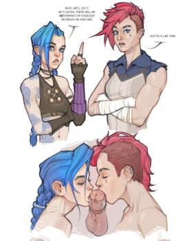 1boy 2girls arcane:_league_of_legends arcane_jinx arm_tattoo before_and_after blue_hair commentary cooperative_fellatio crossed_arms ear_piercing english_commentary english_text eyes_visible_through_hair fellatio fingerless_gloves gloves group_sex hand_up index_finger_raised jinx_(league_of_legends) kissing_penis layered_clothes league_of_legends lower_body multiple_girls oral penis piercing pink_hair po-ar siblings sisters speech_bubble tattoo teamwork_(sexual) threesome upper_body vi_(league_of_legends) wristband