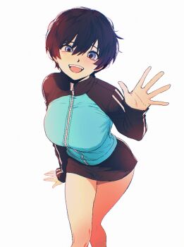 1girl :d absurdres black_hair black_skirt blush breasts hair_between_eyes highres jacket large_breasts lee_mi-young_(spoiledmuffin) long_sleeves looking_at_viewer miniskirt open_mouth original short_hair skirt smile solo spoiledmuffin tomboy track_jacket waving white_background