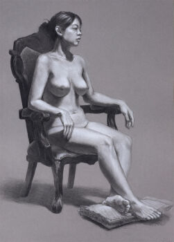 1girl arm_rest barefoot breasts chair closed_mouth commentary_request completely_nude full_body graphite_(medium) greyscale highres large_breasts monochrome navel nipples nude on_chair original profile realistic repin short_hair sitting solo stomach toes traditional_media