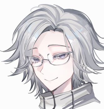 Rule 34 | 1boy, absurdres, aotsuki eito, chinese commentary, closed mouth, colored eyelashes, commentary request, cropped shoulders, drawstring, eyelashes, eyes visible through hair, glasses, grey hair, grey jacket, highres, jacket, male focus, mei mei mei mei, purple eyes, semi-rimless eyewear, short hair, simple background, smile, solo, the hundred line -last defense academy-, tsurime, white background