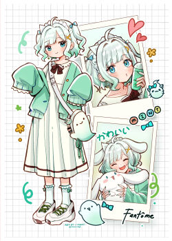 1girl absurdres alternate_costume blue_eyes bobby_socks cardigan cinnamoroll closed_mouth commentary dress gradient_hair green_cardigan green_hair hair_ornament hairclip hakamii highres indie_virtual_youtuber looking_at_viewer medium_dress mint_fantome multicolored_hair multiple_views photo_(object) sanrio short_hair sleeves_past_fingers sleeves_past_wrists smile socks symbol-only_commentary two_side_up virtual_youtuber wavy_hair white_dress white_hair wisps_(mint_fantome) x_hair_ornament