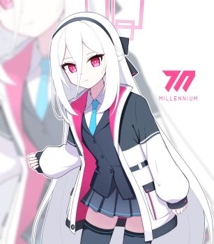 1girl black_bow black_hairband black_skirt black_thighhighs black_vest blue_archive blue_necktie blurry blurry_background bow closed_mouth collared_shirt commentary_request cowboy_shot double-parted_bangs hair_between_eyes hair_bow hairband half_updo halo hand_up highres jacket kei_(blue_archive) kei_(new_body)_(blue_archive) leaning_forward long_hair long_hair_between_eyes looking_at_viewer millennium_science_school_logo miniskirt nagine_11 necktie open_clothes open_jacket outline pink_halo pink_pupils pleated_skirt rectangular_halo red_eyes ringed_eyes shirt simple_background skirt sleeves_past_wrists smile solo split_mouth straight_hair thighhighs very_long_hair vest white_background white_jacket white_outline white_shirt zettai_ryouiki zoom_layer