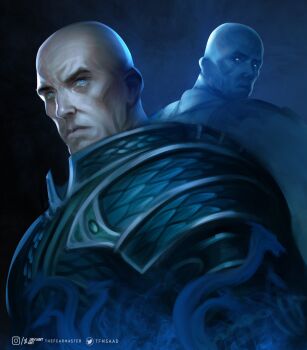 2boys absurdres alpha_legion alpharius_omegon armor artist_name bald blue_eyes breastplate closed_mouth commentary deviantart_logo deviantart_username glowing glowing_eyes highres holding instagram_logo instagram_username multiple_boys pauldrons power_armor primarch scale_armor shoulder_armor siblings simple_background standing thefearmaster turquoise_armor twins twitter_logo twitter_username warhammer_40k