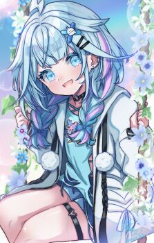 Rule 34 | 1girl, ahoge, black choker, blue eyes, blue hair, blue shirt, braid, choker, commentary, hair flaps, heart, heart o-ring, highres, hololive, hololive dev is, jacket, looking at viewer, medium hair, mizumiya su, mizumiya su (1st costume), o-ring, o-ring choker, o-ring thigh strap, on swing, open mouth, pink streaks, shirt, smile, solo, swing, teeth, thigh strap, twin braids, upper teeth only, virtual youtuber, white jacket, yokuto