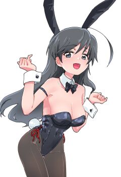 1girl animal_ears black_bow black_bowtie black_hair black_leopard_(kemono_friends) blue_eyes blush bow bowtie breasts brown_pantyhose cleavage fake_animal_ears fake_tail girls_und_panzer highres instrument isuzu_hana large_breasts leotard long_hair looking_at_viewer monolith_(suibou_souko) music open_mouth pantyhose playing_instrument rabbit_ears rabbit_tail single_wrist_cuff smile solo tail wrist_cuffs