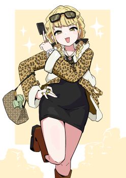 +_+ 1girl absurdres animal_print bag bead_bracelet beads black_dress blonde_hair blush boots border bracelet brown_boots dress eyewear_on_head fujita_kotone gakuen_idolmaster hand_on_own_hip handbag highres holding idolmaster jacket jewelry leg_up leopard_print long_hair long_sleeves money multiple_rings necklace ohgi910 open_clothes open_jacket open_mouth print_jacket ring short_dress smile solo white_border yellow_eyes