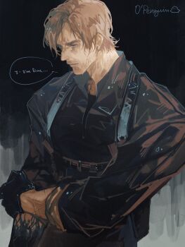 1boy black_gloves black_shirt blonde_hair blue_eyes closed_mouth collared_shirt commentary english_text facial_hair gloves hand_on_own_arm hashtag-only_commentary highres leon_s._kennedy long_sleeves male_focus parted_hair penguin_ayan resident_evil resident_evil_requiem shirt solo speech_bubble