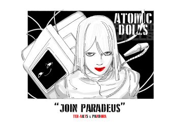 1girl 1other absurdres ak-15_(girls'_frontline) atomic_heart border commentary emile_aoi english_commentary english_text girls'_frontline highres lipstick machine makeup mechanical_tentacles monochrome nora_(atomic_heart) parody refrigerator spot_color upper_body white_border