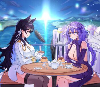 2girls absurdres animal_ears atago_(azur_lane) azur_lane bare_shoulders black_hair blue_eyes braid breasts brown_eyes cleavage commentary crossover cup dress elbow_gloves english_commentary extra_ears flower food gloves hair_ornament hair_ribbon highres long_hair medium_breasts mrrollingcircle multiple_girls neptune_(series) open_mouth outdoors plate power_symbol power_symbol-shaped_pupils pudding purple_hair purple_heart_(goddesses'_promise)_(neptunia) purple_heart_(neptunia) ribbon ship spoon swept_bangs symbol-shaped_pupils tea teacup teapot watercraft white_ribbon yellow_eyes