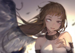 1girl angel angel_wings bare_shoulders black_feathers black_wings blush brown_eyes brown_hair detached_sleeves feathers heterochromia highres long_hair lower_teeth_only mabinogi mabinogi_heroes single_wing sleeves_past_wrists solo teeth tieve tongue transparent upper_body waymay white_eyes wings