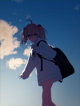 +_+ 1girl 3d ahoge artist_request backlighting backpack bag bare_legs black_bag blender_(medium) blonde_hair blue_sky bright_pupils cel_rendering closed_mouth clothes_writing cloud commentary_request day drawstring flower glasses hair_flower hair_ornament hand_up highres hood hoodie light_smile long_sleeves looking_at_viewer medium_hair multicolored_eyes multicolored_hair no_pants orange_hair outdoors outstretched_arm pink_eyes print_hoodie purple_eyes rinne_(rinrinne) rinrinne semi-rimless_eyewear sky sleeves_past_wrists solo split_mouth standing streaked_hair virtual_youtuber white_hoodie white_pupils wide_sleeves