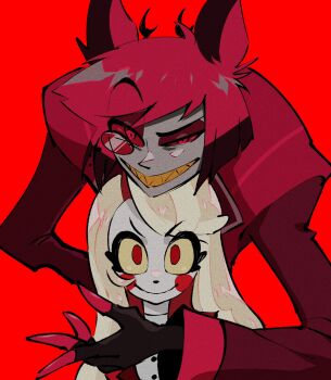 1boy 1girl alastor_(hazbin_hotel) blonde_hair charlie_morningstar close-up doodle_zatta formal_clothes grin hazbin_hotel height_difference hellaverse highres long_hair looking_at_viewer monocle red_background red_eyes red_hair sharp_teeth short_hair simple_background smile suit teeth