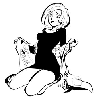 1girl ann_possible bare_legs blush breasts closed_mouth collarbone disney female_focus full_body greyscale jacket kim_possible_(series) long_sleeves looking_at_viewer mature_female medium_breasts monochrome no_pants no_socks open_clothes open_jacket ramb_chop shoes short_hair simple_background sitting smile solo sweater swept_bangs undressing w_arms wariza white_background