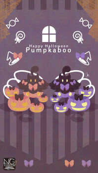 alternate_color bow candy closed_mouth fangs food gen_6_pokemon halloween hat highres holding holding_candy holding_food holding_lollipop jack-o&#039;-lantern lollipop looking_at_viewer meme_(sleepsheep) nintendo no_humans orange_bow pokemon pokemon_(creature) pumpkaboo pumpkin purple_bow shiny_pokemon witch_hat yellow_eyes