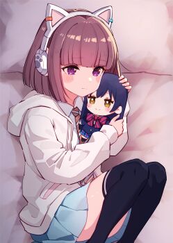 1girl absurdres animal_ear_headphones animal_ears birthday black_thighhighs blunt_bangs blush brown_hair cat_ear_headphones cat_ears commentary cream_(nipakupa) fake_animal_ears headphones highres hood hoodie hugging_doll hugging_object ikizulive!_love_live!_bluebird love_live! love_live!_school_idol_project on_bed purple_eyes sasaki_shion solo sonoda_umi thighhighs