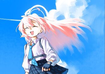 1girl =_= a_(mitei7926) ahoge black_gloves black_skirt blue_archive closed_eyes cloud collared_shirt commentary_request contrail facing_viewer fang fingerless_gloves floating_hair gloves halo hoshino_(blue_archive) long_hair long_sleeves neck open_mouth pink_hair plaid_clothes plaid_skirt shirt shirt_tucked_in skirt smile solo upper_body white_shirt