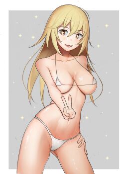 1girl :d absurdres alternate_costume areola_slip bikini blonde_hair border breasts brown_eyes collarbone commentary gatchan gluteal_fold grey_background hair_between_eyes halterneck highres large_breasts long_hair looking_at_viewer micro_bikini navel open_mouth outside_border shokuhou_misaki smile solo sparkle sparkling_eyes swimsuit toaru_kagaku_no_mental_out toaru_kagaku_no_railgun toaru_majutsu_no_index v white_bikini white_border