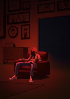 1girl book book_stack chair chest_of_drawers elbow_rest faceless full_body head_down highres kim_dokja lee_sookyung long_hair lounge_chair official_alternate_costume oldest_dream omniscient_reader&#039;s_viewpoint photo_(object) progression red_theme sitting slouching solo umbrvx