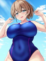 Rule 34 | 1girl, beach, blue eyes, blue one-piece swimsuit, blue sky, blush, breasts, brown hair, cloud, cloudy sky, competition swimsuit, covered navel, cowboy shot, dated, day, hair between eyes, highleg, highleg swimsuit, highres, intrepid (kancolle), kantai collection, large breasts, looking at viewer, montemasa, one-piece swimsuit, open mouth, outdoors, ponytail, short hair, sky, smile, solo, swimsuit, twitter username, two-tone swimsuit