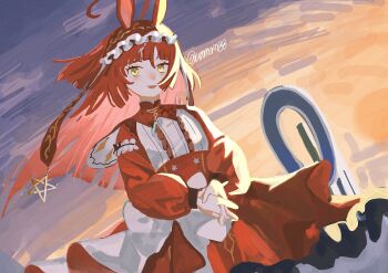 1girl ahoge animal_ears blunt_bangs blunt_ends blunt_sidelocks blush brown_headdress dress frilled_hairband frills hair_between_eyes hairband highres horse_ears horse_girl horse_tail long_hair long_sleeves looking_at_viewer open_mouth own_hands_clasped own_hands_together red_desire_(umamusume) red_dress red_hair red_hairband red_headdress red_veil sidelocks smile solo star_ornament tail umamusume ummsm_88 veil yellow_eyes