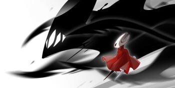 1girl arthropod_girl black_skin cloak colored_skin ditsqing_404 holding hollow_knight hollow_knight:_silksong hornet_(hollow_knight) looking_at_another mask monster needle_(hollow_knight) red_cloak weapon white_background