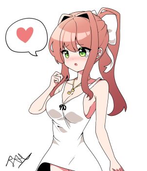 1girl :o blush breasts cleavage commentary_request doki_doki_literature_club dress eighth_note green_eyes hand_up heart highres jewelry long_hair monika_(doki_doki_literature_club) musical_note musical_note_necklace necklace orange_hair parted_lips ponytail rak_rak_yee signature solo speech_bubble white_background white_dress