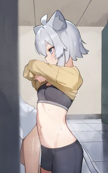 2girls absurdres ahoge akuto_(akuto_desu) animal_ear_fluff animal_ears aqua_eyes black_shorts clothes_lift commentary_request cowboy_shot film_grain from_side grey_hair grey_sports_bra highres indoors lifting_own_clothes long_sleeves multiple_girls navel original profile short_hair short_shorts shorts solo_focus sports_bra stomach sweat sweater sweater_lift tail tile_floor tiles undressing yellow_sweater