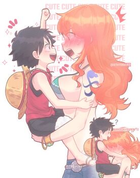 1boy 1girl :d ? age_difference aged_down arm_tattoo artist_name athydrawz bikini black_hair black_shorts blush bra bracelet breasts child collarbone confused d: denim eye_contact flustered from_side full-face_blush green_bikini green_bra hat highres jewelry large_breasts lifting_person log_pose long_hair looking_at_another monkey_d._luffy multiple_views nami_(one_piece) no_sclera nose_blush notice_lines one_piece open_mouth orange_hair red_vest short_hair shorts shoulder_tattoo simple_background smile straw_hat surprised sweat swimsuit tareme tattoo text_background underwear upper_body v-shaped_eyebrows very_short_hair vest white_background