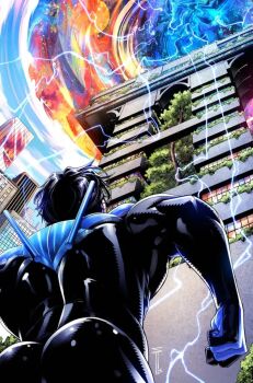 1boy ass batman_(series) black_bodysuit black_hair blue_bodysuit bodysuit dc_comics dick_grayson huge_ass male_focus multicolored_bodysuit nightwing sergacuna superhero_costume taut_bodysuit tower two-tone_bodysuit