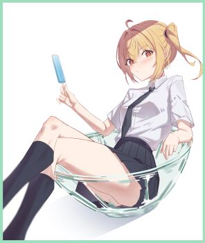 1girl absurdres ahoge black_necktie black_skirt black_socks blonde_hair border breasts food green_border hair_between_eyes highres holding holding_food holding_ice_cream ice_cream luciana_de_montefio necktie red_eyes short_hair short_sleeves side_ponytail simple_background sitting skirt small_breasts socks white_background xiangzuo_zhi zenless_zone_zero