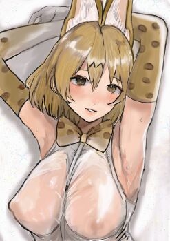 1girl animal_ears animal_print armpits arms_up black_hair blonde_hair blush bow bowtie breasts brown_background center_opening commentary covered_erect_nipples double-parted_bangs elbow_gloves extra_ears gloves highres kemono_friends large_breasts looking_at_viewer no_bra oh_y0u orange_bow orange_bowtie print_bow print_bowtie print_gloves see-through_clothes see-through_shirt serval_(kemono_friends) shirt short_hair simple_background sleeveless sleeveless_shirt smile solo striped_tail tail two-tone_bow two-tone_bowtie white_bow white_bowtie