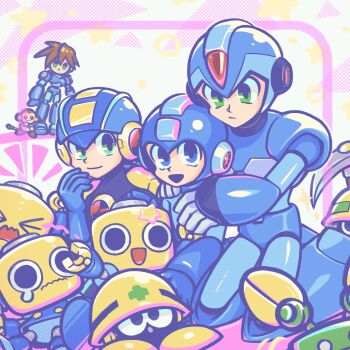 &gt;_&lt; 4boys armor blue_armor blue_bodysuit blue_eyes blue_helmet bodysuit brown_hair data_(mega_man) forehead_jewel green_eyes helmet highres in-franchise_crossover laser-lance male_focus mega_man_(character) mega_man_(classic) mega_man_(series) mega_man_battle_network_(series) mega_man_legends_(series) mega_man_volnutt mega_man_x_(series) megaman.exe met_(mega_man) mr._prog_(mega_man) multiple_boys servbot_(mega_man) short_hair tearing_up x_(mega_man)