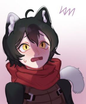 1girl ahoge animal_ear_fluff animal_ears armor black_hair blush cat_ears cat_girl cat_tail commentary dungeon_meshi english_commentary furrowed_brow gradient_background highres izutsumi kimchunsik leather_armor nose_blush open_mouth penis_shadow phallic_symbol pink_background red_scarf scarf short_hair solo tail upper_body white_background yellow_eyes