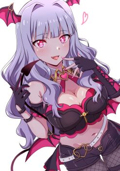 1girl asymmetrical_gloves bare_shoulders black_gloves black_shorts blush breasts bright_pupils cleavage collarbone commentary_request demon_girl demon_tail demon_wings fang fingerless_gloves fishnet_pantyhose fishnets gloves grey_hair hair_intakes head_wings heart heart-shaped_pupils highres idolmaster idolmaster_million_live! idolmaster_million_live!_theater_days large_breasts long_hair looking_at_viewer micro_shorts mimiu_p mismatched_gloves monster!_devil_(idolmaster) multicolored_gloves navel open_mouth pantyhose pink_eyes pink_gloves pink_nails shijou_takane shorts simple_background smile solo symbol-shaped_pupils tail tongue two-tone_gloves white_background white_pupils wings