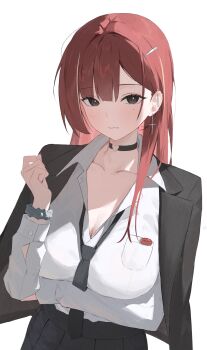 1girl akane_lize arm_under_breasts black_choker black_eyes black_jacket black_skirt breast_pocket breasts choker cleavage closed_mouth collarbone collared_shirt commentary_request ear_piercing fang hair_ornament hairclip heart heart_o-ring highres jacket jacket_on_shoulders korean_commentary large_breasts long_hair long_sleeves looking_at_viewer meosic2 mole mole_under_eye multicolored_hair o-ring o-ring_choker piercing pleated_skirt pocket red_hair scrunchie shirt simple_background skirt solo stellive streaked_hair upper_body virtual_youtuber white_background white_shirt wrist_scrunchie