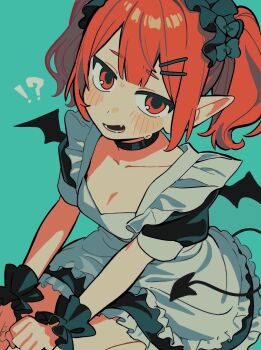 !? 1girl apron bad_id bad_twitter_id bat_wings black_bow black_dress black_wings bow breasts choker demon_tail dress fang frilled_apron frilled_dress frills hair_bow hair_ornament hairclip hands_on_own_legs highres looking_at_viewer maid maid_apron maid_headdress open_mouth original pointy_ears puffy_short_sleeves puffy_sleeves red_eyes red_hair seiza short_sleeves simple_background sitting small_breasts solo tail twintails umipi white_apron wings wrist_cuffs