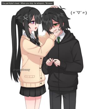 1boy 1girl artist_name black_bow black_bowtie black_hair black_hoodie black_pants black_skirt bow bowtie collared_shirt degrees_of_lewdity english_text green_eyes green_necktie headpat highres hood hoodie kylar_(degrees_of_lewdity) kylar_(male)_(degrees_of_lewdity) long_hair necktie open_mouth pants player_character_(degrees_of_lewdity) player_character_(female)_(degrees_of_lewdity) pleated_skirt purple_eyes satxnsbunny shirt short_hair simple_background skirt twintails white_background white_shirt