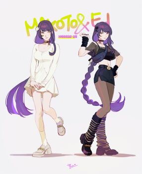 Rule 34 | 2girls, absurdres, alternate costume, alternate universe, black skirt, blunt bangs, braid, character name, closed mouth, commentary, contemporary, crop top, dress, english commentary, english text, eva smith, full body, genshin impact, grey background, hair ornament, head tilt, highres, light smile, long braid, long hair, makoto (genshin impact), mole, mole under eye, mole under mouth, multicolored hair, multiple girls, navel, pink lips, purple eyes, purple hair, raiden shogun, shade, siblings, single braid, sisters, skirt, standing, standing on one leg, stomach, streaked hair, twins, white dress